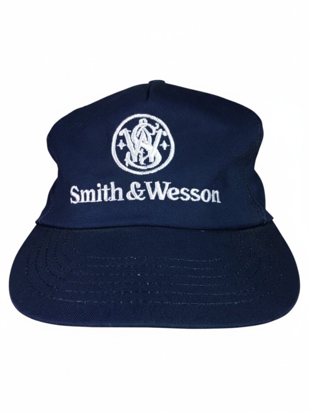 Vintage Smith & Wesson Hat Cap Snapback Navy Blue Logo Firearms Gun Made USA 90s